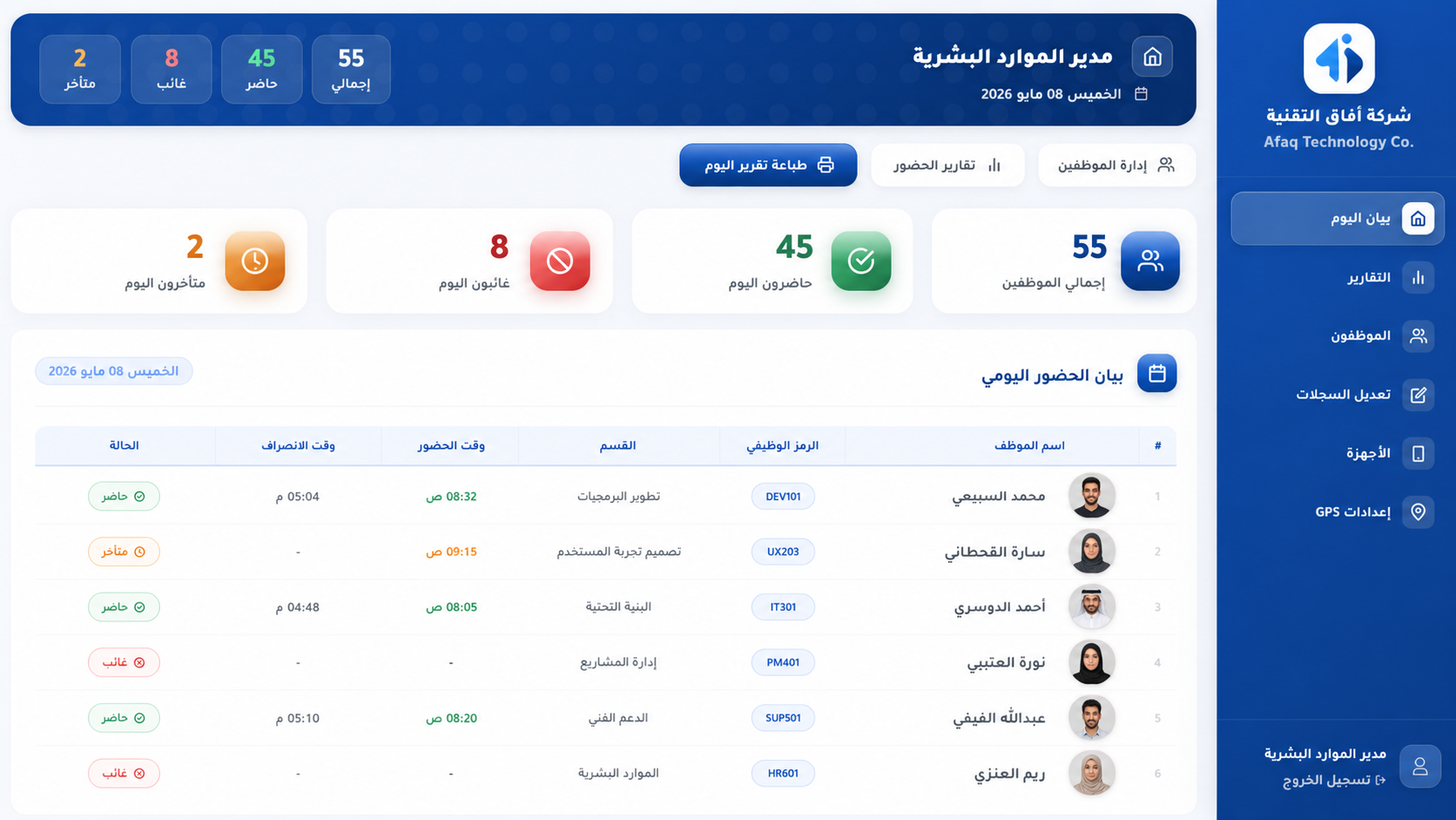 تصميم لوحة تحكم أي-بصمة مخصّص بهوية المنشأة